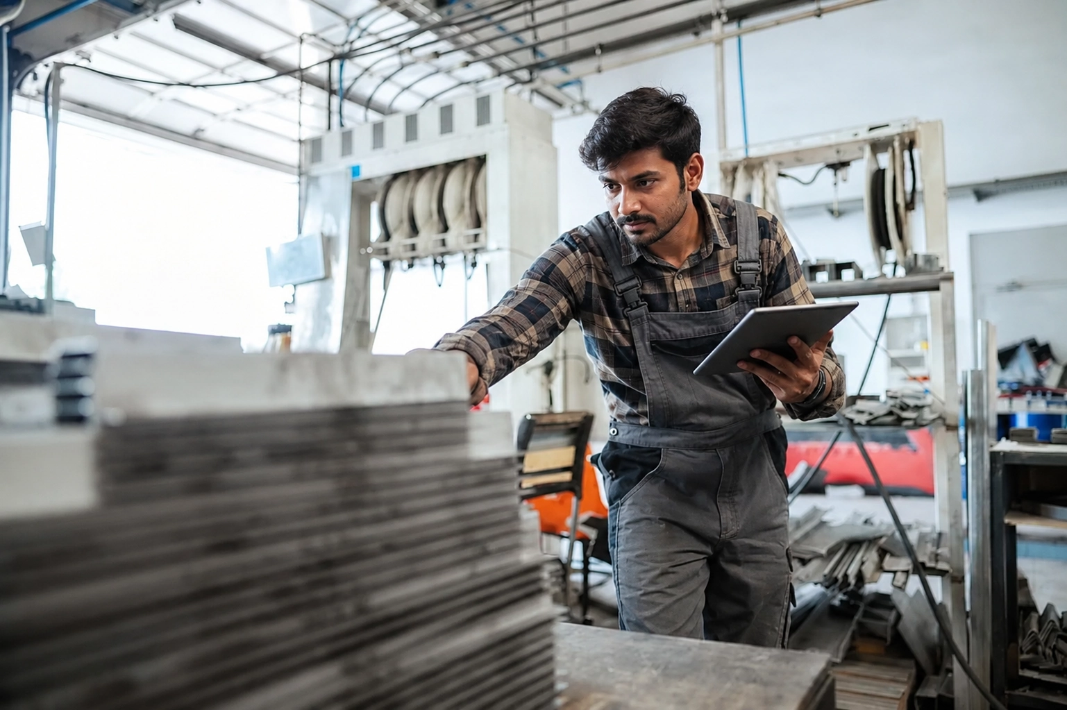 Factory-Technician-Inspecting-Metal-Sheets